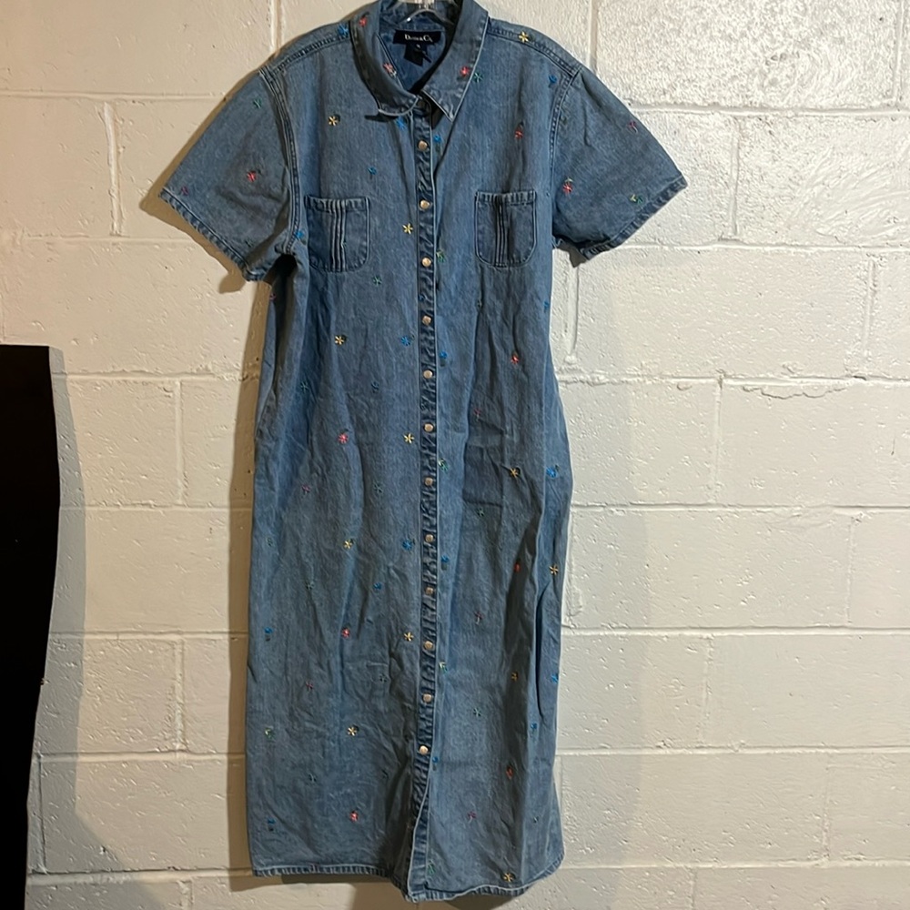 Embroidered Denim Shirt Dress - Blue